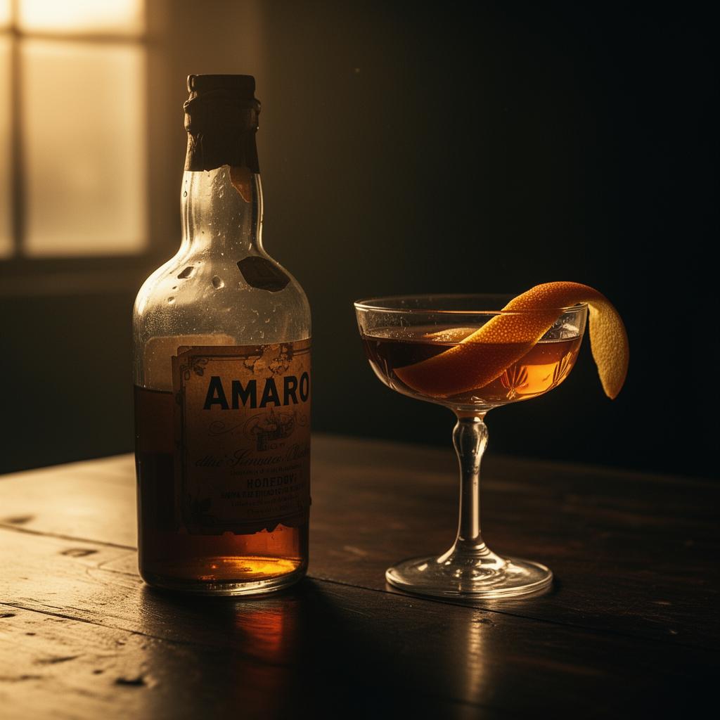 Vintage amaro bottle and coupe with orange peel on dark wood